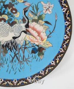 Antique Japanese Cloisonne Enamel Charger with Cranes and Flowers, Restored