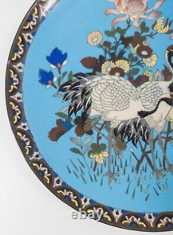 Antique Japanese Cloisonne Enamel Charger with Cranes and Flowers, Restored