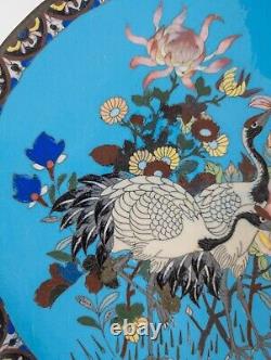 Antique Japanese Cloisonne Enamel Charger with Cranes and Flowers, Restored