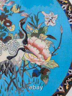 Antique Japanese Cloisonne Enamel Charger with Cranes and Flowers, Restored