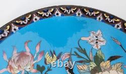 Antique Japanese Cloisonne Enamel Charger with Cranes and Flowers, Restored