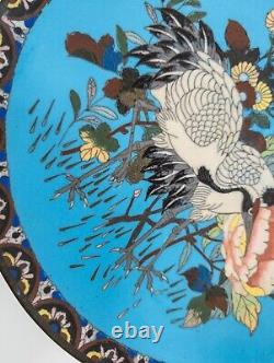 Antique Japanese Cloisonne Enamel Charger with Cranes and Flowers, Restored