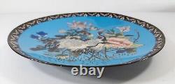 Antique Japanese Cloisonne Enamel Charger with Cranes and Flowers, Restored