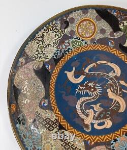 Antique Japanese Cloisonne Enamel Charger with Dragon Floral Border