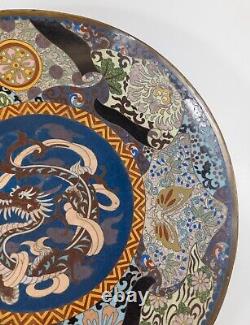 Antique Japanese Cloisonne Enamel Charger with Dragon Floral Border