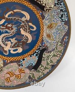 Antique Japanese Cloisonne Enamel Charger with Dragon Floral Border