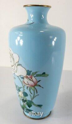 Antique Japanese Cloisonne Enamel Floral Vase Silver Wire Pale Blue Ground Ando