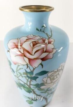 Antique Japanese Cloisonne Enamel Floral Vase Silver Wire Pale Blue Ground Ando