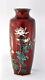 Antique Japanese Cloisonne Enamel Silver Vase In Ruby Red Background Marked Ando