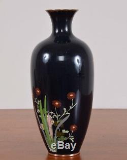 Antique Japanese Cloisonne Enamel Vase Black Flowers Butterfly 11 7/8 30.2cm