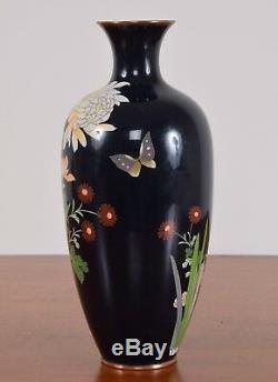 Antique Japanese Cloisonne Enamel Vase Black Flowers Butterfly 11 7/8 30.2cm