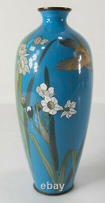 Antique Japanese Cloisonne Enamel Vase Iris Lily Blue Background As Is