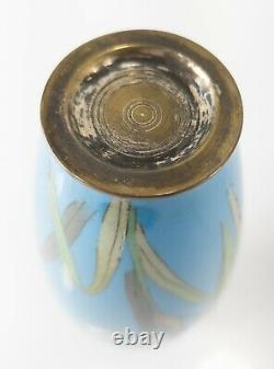 Antique Japanese Cloisonne Enamel Vase Iris Lily Blue Background As Is