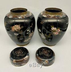 Antique Japanese Cloisonne Enamel Vases Covered Jars Pair