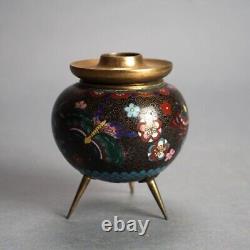 Antique Japanese Cloisonne Enameled Footed Candleholder with Butterflies C1920