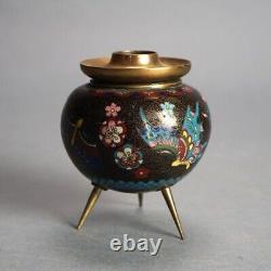 Antique Japanese Cloisonne Enameled Footed Candleholder with Butterflies C1920