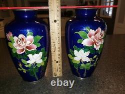 Antique Japanese Cloisonne Floral Rose Vases Rare Cobalt Blue, Set of Two