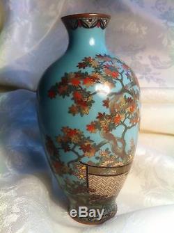 Antique Japanese Cloisonne, Flowers, Maple tree and Birds, 6, Silver Wire