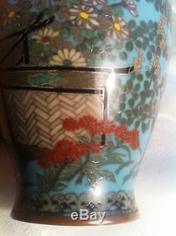 Antique Japanese Cloisonne, Flowers, Maple tree and Birds, 6, Silver Wire