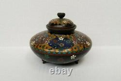 Antique Japanese Cloisonne Footed and Lidded Jar with Butterflies and Flowers