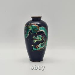 Antique Japanese Cloisonne Ginbari Foil & Silver Wire Green Dragon Vase