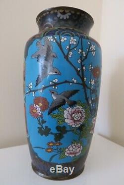 Antique Japanese Cloisonné Large Vase Meiji Period Birds & Blossom, 11in/28cm
