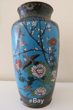 Antique Japanese Cloisonné Large Vase Meiji Period Birds & Blossom, 11in/28cm