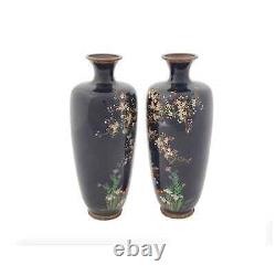 Antique Japanese Cloisonne Meiji Bird Tree Enamel Vases