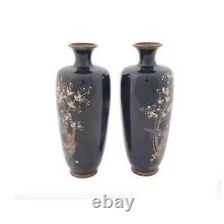 Antique Japanese Cloisonne Meiji Bird Tree Enamel Vases