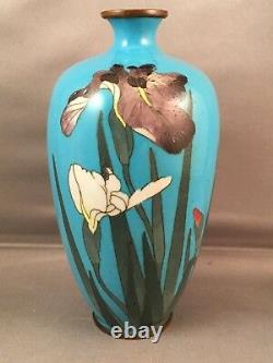 Antique Japanese Cloisonne Meiji Period Blue Vase Iris Flowers C1900