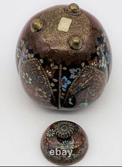 Antique Japanese Cloisonné Tri Footed Lidded Jar Meji Period Circa 1860