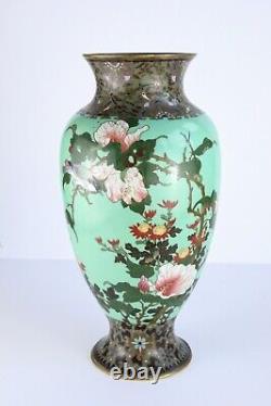 Antique Japanese Cloisonne Turquoise Floral Bird Vase, Meiji Period 12