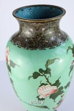 Antique Japanese Cloisonne Turquoise Floral Bird Vase, Meiji Period 12