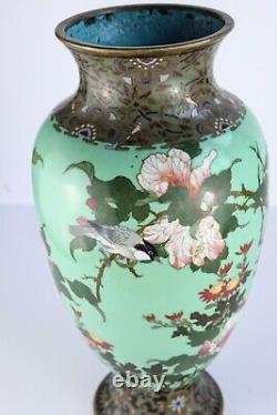 Antique Japanese Cloisonne Turquoise Floral Bird Vase, Meiji Period 12