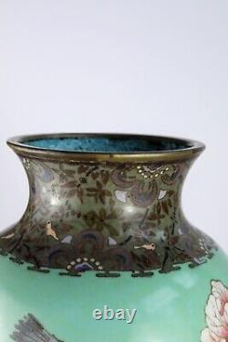 Antique Japanese Cloisonne Turquoise Floral Bird Vase, Meiji Period 12