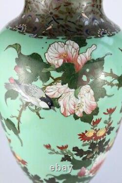 Antique Japanese Cloisonne Turquoise Floral Bird Vase, Meiji Period 12