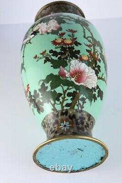 Antique Japanese Cloisonne Turquoise Floral Bird Vase, Meiji Period 12