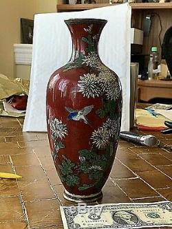 Antique Japanese Cloisonne Vase 10 Red w Subtle Foil Ground, Bird and Fflowers