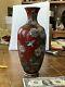 Antique Japanese Cloisonne Vase 10 Red W Subtle Foil Ground, Bird And Fflowers