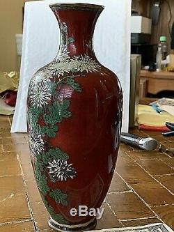 Antique Japanese Cloisonne Vase 10 Red w Subtle Foil Ground, Bird and Fflowers