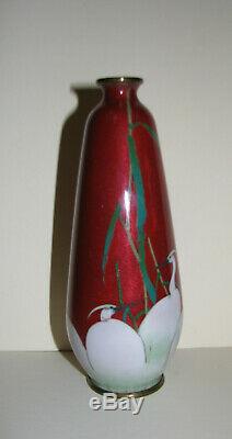 Antique Japanese Cloisonne Vase By Ota Tameshiro Red With White Birds