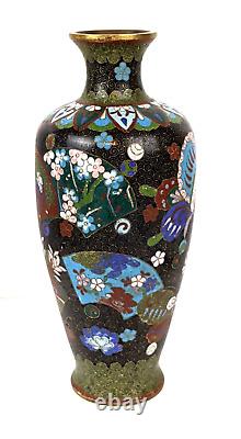 Antique Japanese Cloisonne Vase Fans & Butterfly 8.5 Tall 1880s Meiji Period