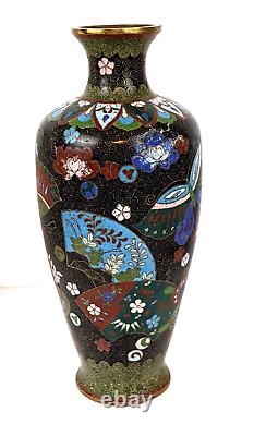 Antique Japanese Cloisonne Vase Fans & Butterfly 8.5 Tall 1880s Meiji Period