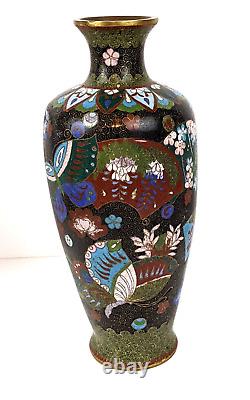 Antique Japanese Cloisonne Vase Fans & Butterfly 8.5 Tall 1880s Meiji Period