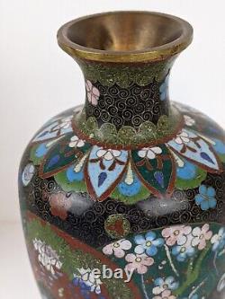 Antique Japanese Cloisonne Vase Fans & Butterfly 8.5 Tall 1880s Meiji Period