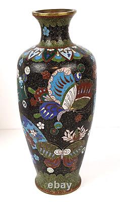 Antique Japanese Cloisonne Vase Fans & Butterfly 8.5 Tall 1880s Meiji Period