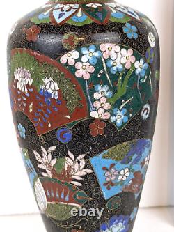 Antique Japanese Cloisonne Vase Fans & Butterfly 8.5 Tall 1880s Meiji Period