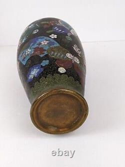 Antique Japanese Cloisonne Vase Fans & Butterfly 8.5 Tall 1880s Meiji Period