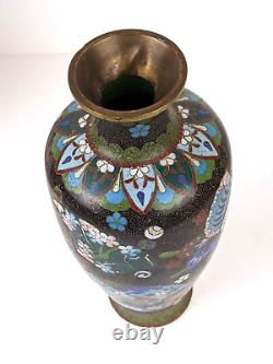 Antique Japanese Cloisonne Vase Fans & Butterfly 8.5 Tall 1880s Meiji Period