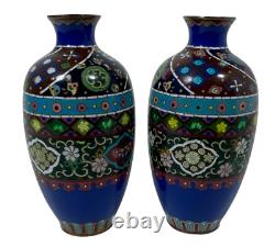 Antique Japanese Cloisonne Vase Goldstone Glitter Enamel Pair of two